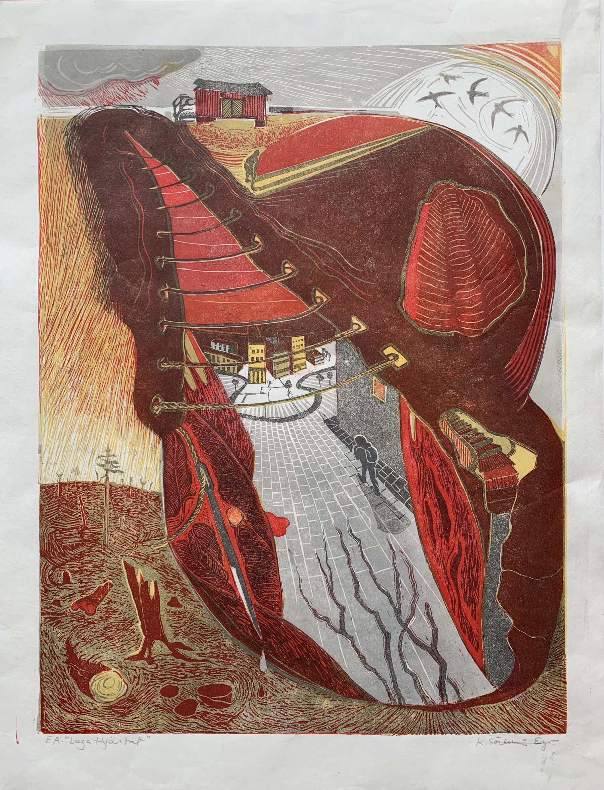 Kersti Söderström-Ergon, Laga hjärtat, linosnitt, 43x32,5 cm