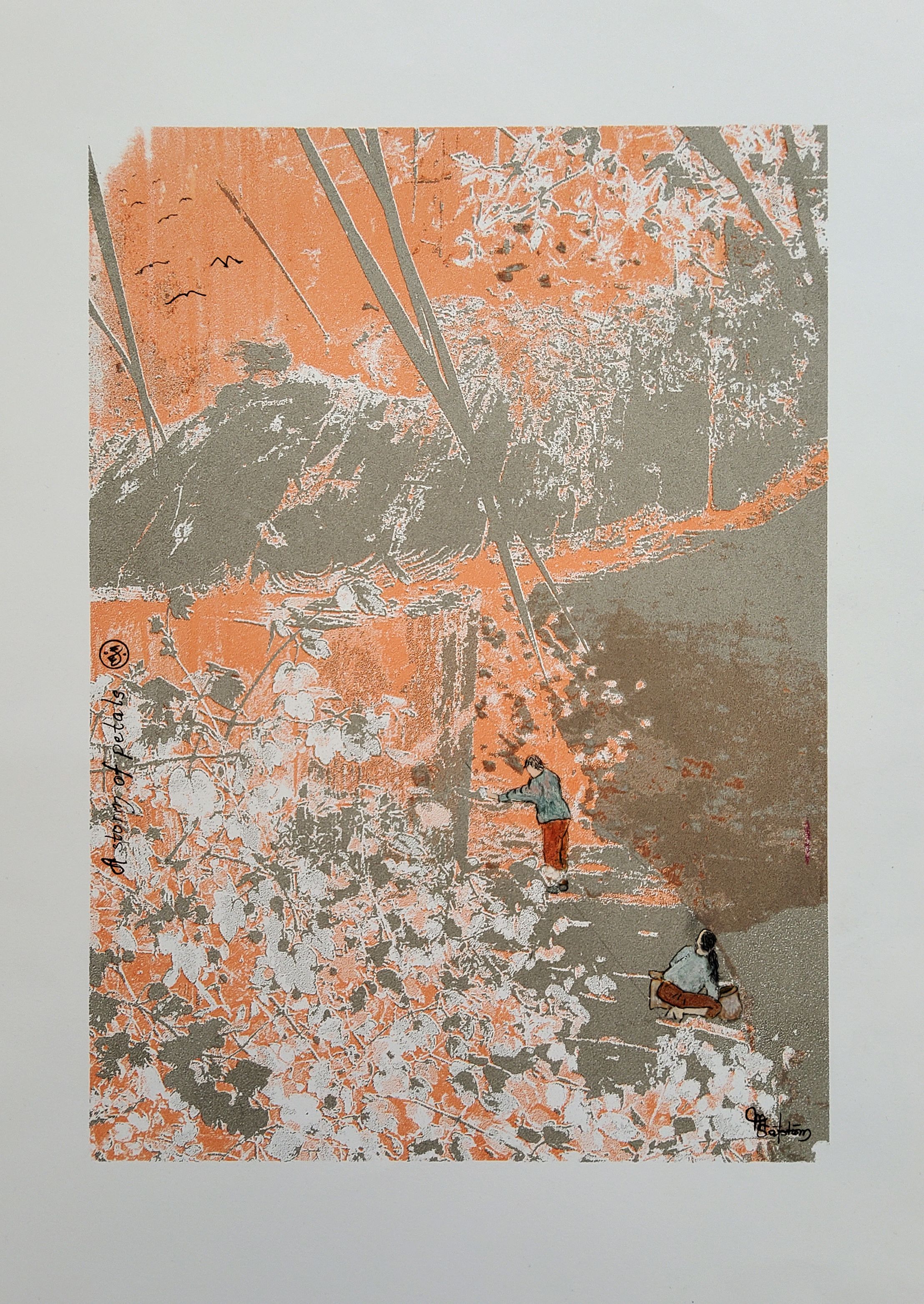 Margareta Säfström, A storm of petals, serigrafi/ gouache, 50x40 cm