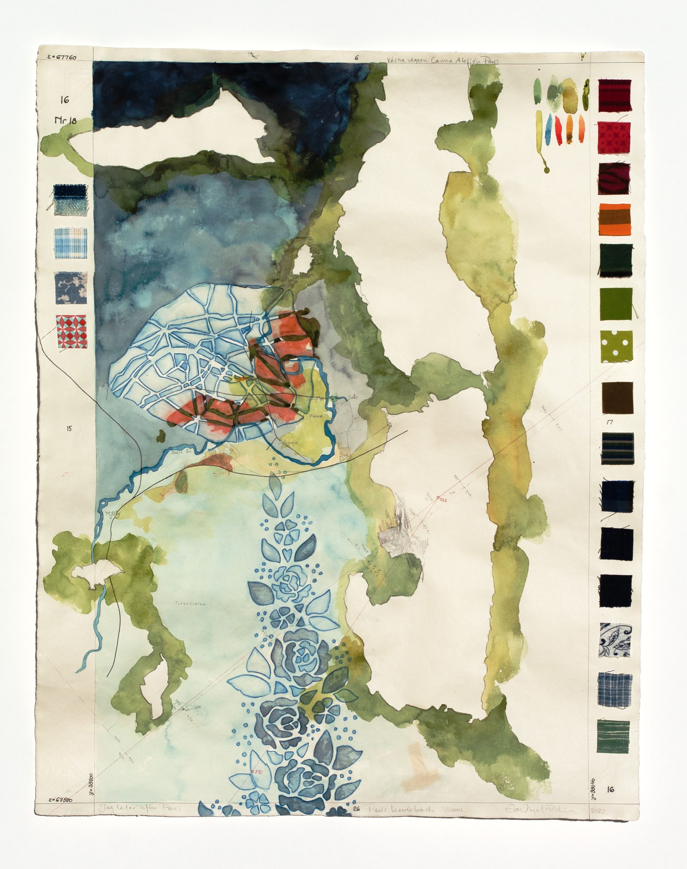 Eva Vogel Rödin, Jag letar efter Paris – Paris Kavlebäck, akvarell och textil på papper, 63 x 76 cm