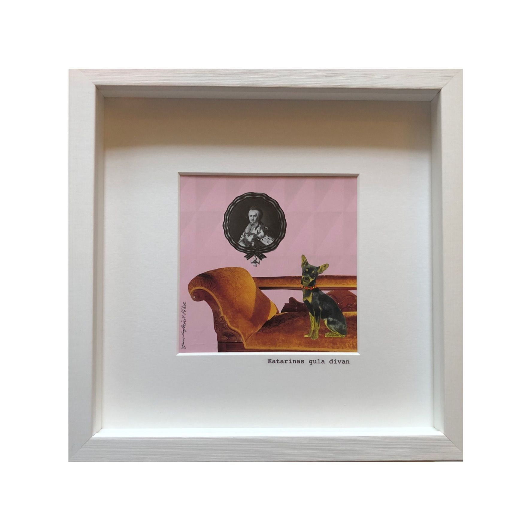 Emilia Kikic, Katarinas gula divan, collage och screentryck 1/1,  25x25x5 cm inkl låda